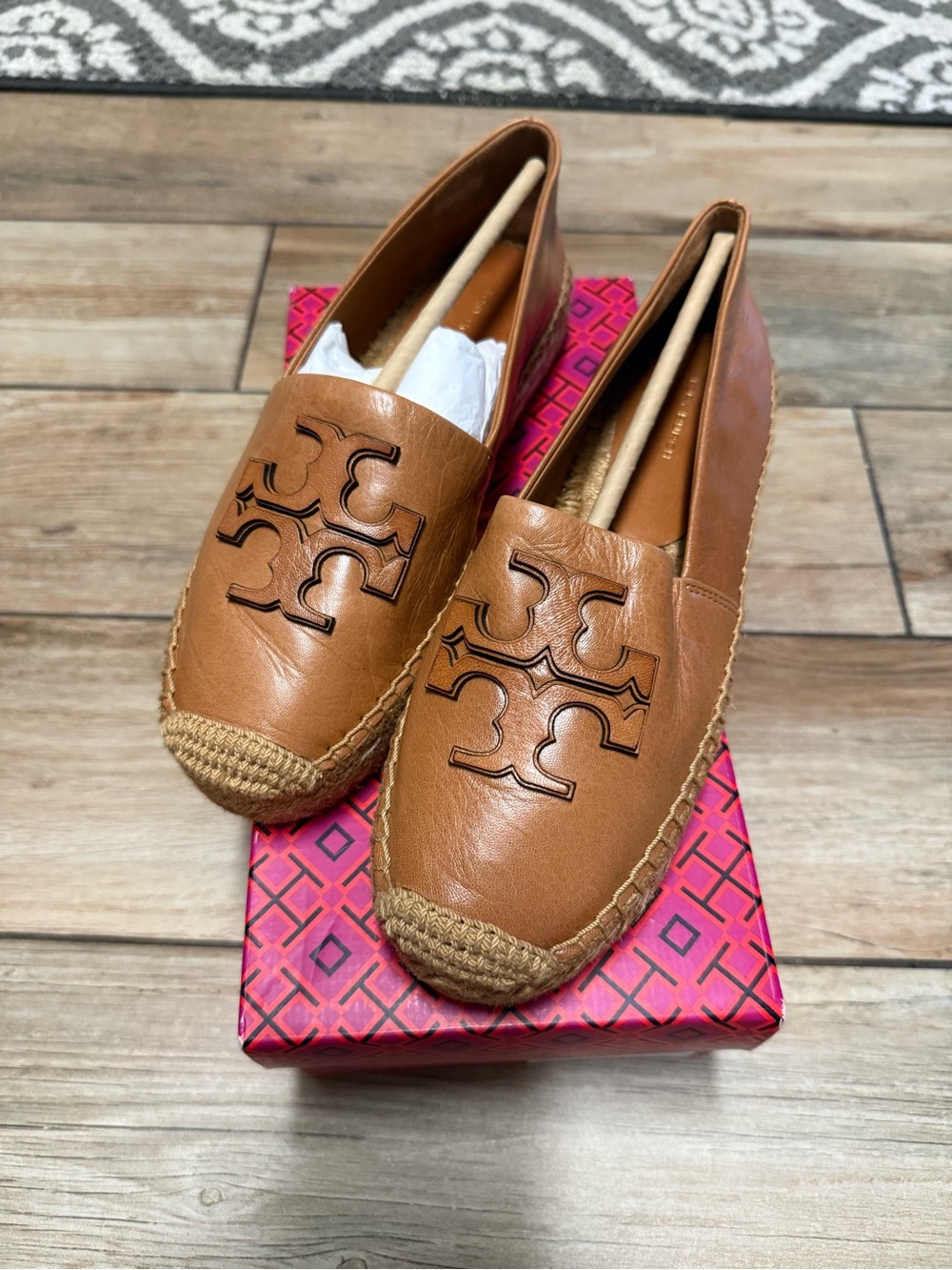 Tory Burch Cognac Leather Espadrille Slip-On Flats